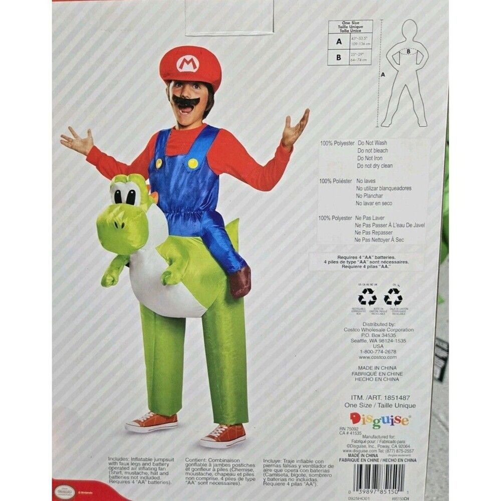 Super Mario Bros. Mario Riding Yoshi Inflatable Costume Halloween Kids One Size - Picture 4 of 6